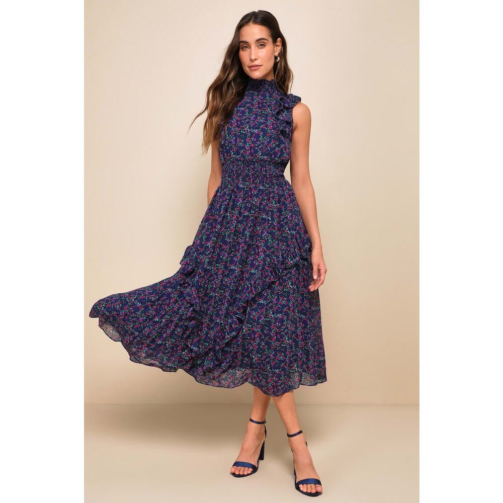 Lulus Evalina Navy Blue Floral Print Mock Neck Sleeveless Ruffle Midi Dress XS - Picture 16 of 16